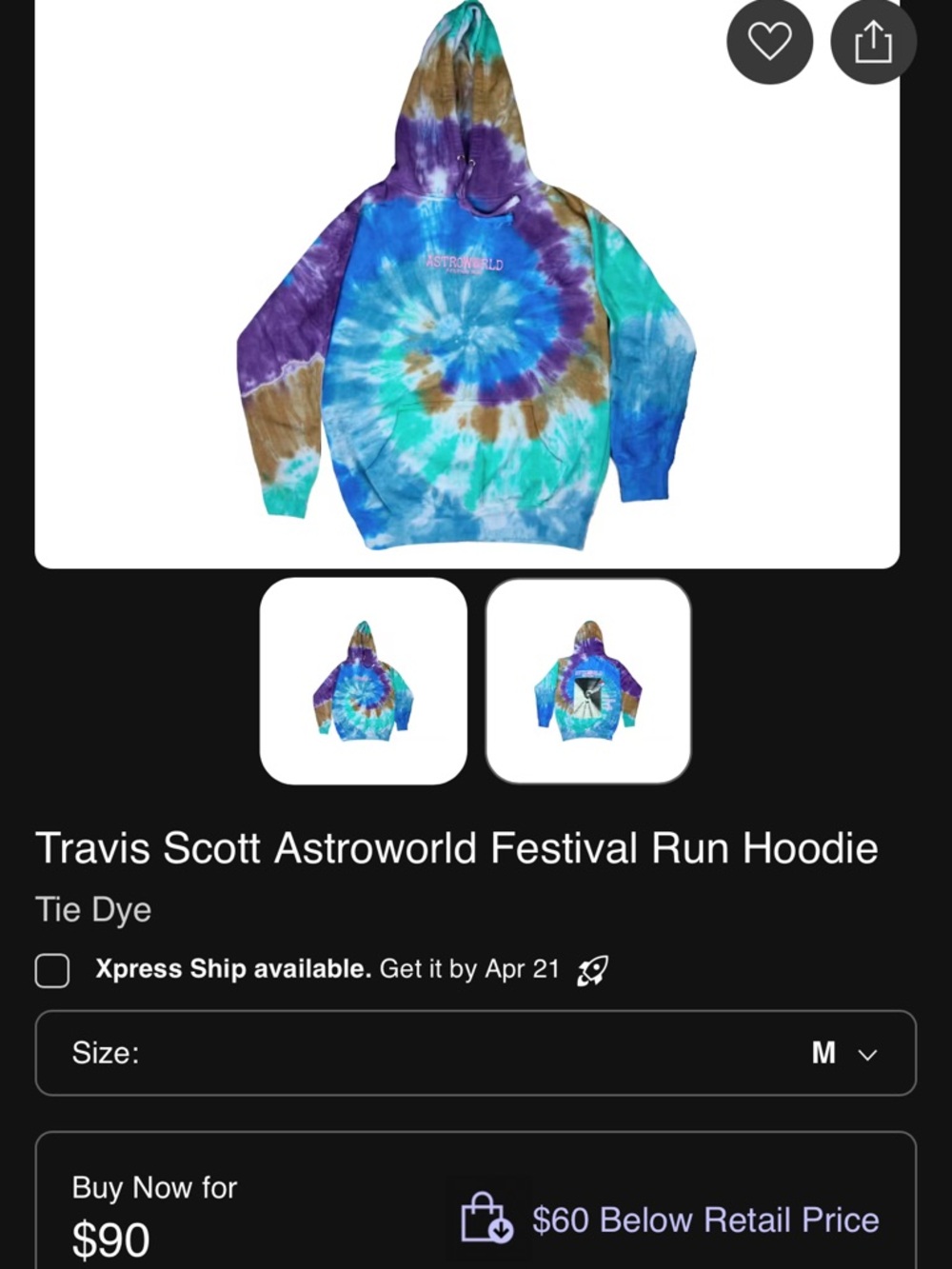 Astroworld Brand New Men’s Medium Tie-Dye Pullover Hoodie - Picture 10 of 10